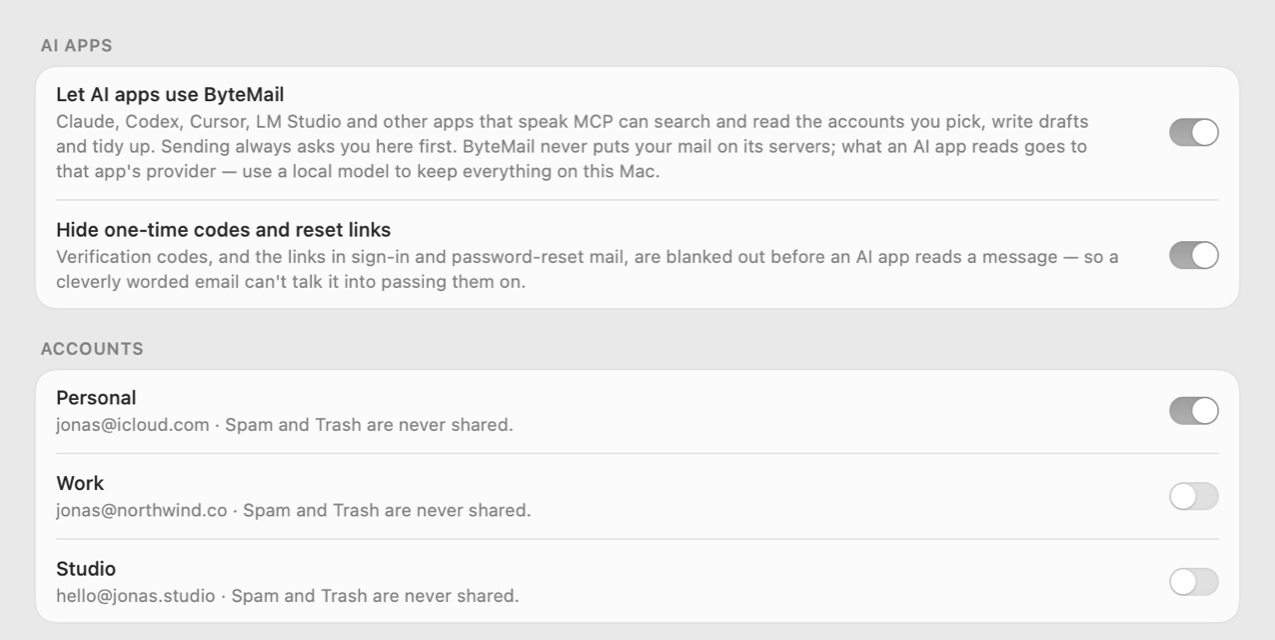 Settings › AI in bytemail: Turn on bytemail MCP and Hide one-time codes switched on, and a switch for each account.